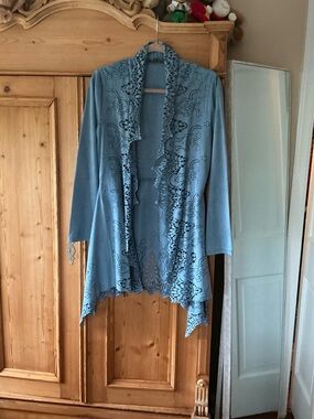Light Blue Laser-Cut Open Front Cardigan
